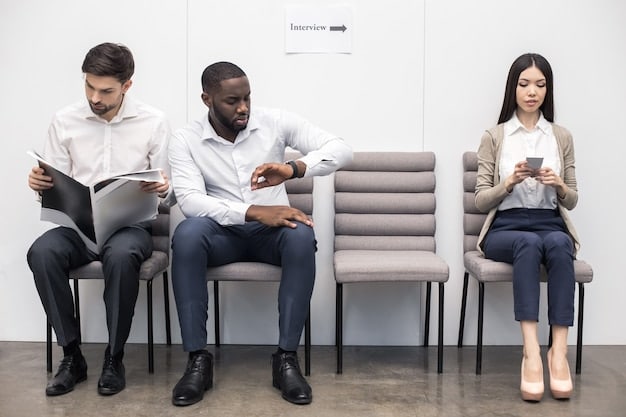 A diverse group of people is shown sitting in a waiting room, looking anxious and holding paperwork related to Social Security applications. The scene depicts the common experience of waiting for decisions on disability claims.