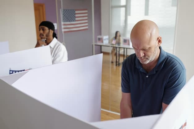 A split image showing a long line of voters at a polling station on one side and an empty polling station on the other. The image is meant to visually represent the disparities in access to voting based on location and demographics.