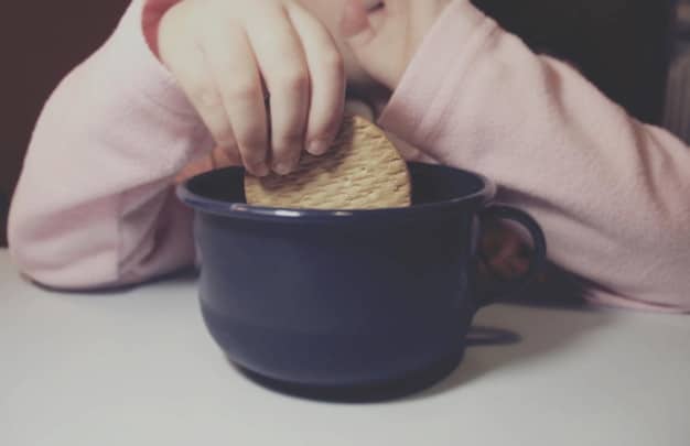 A close-up photograph of a child's hands holding an empty plate, with a sad and worried expression. The background is blurred, but hints at a sparsely furnished kitchen.
