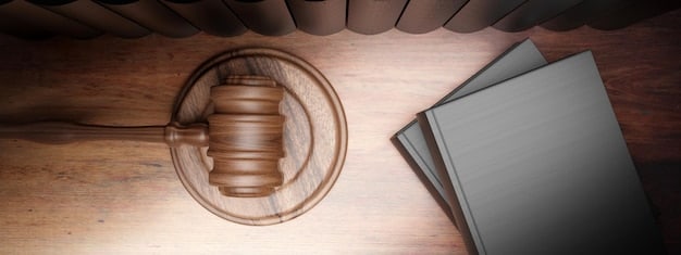 A gavel resting on a stack of law books in front of the Supreme Court building, with a blurred American flag in the background. The image conveys a sense of legal authority and the weight of the court's decisions.