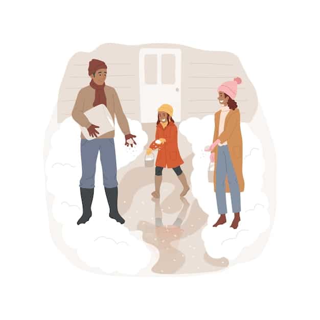 A group of volunteers helping residents of a low-income neighborhood to sandbag their homes in preparation for a flood. The houses are modest and show signs of disrepair.