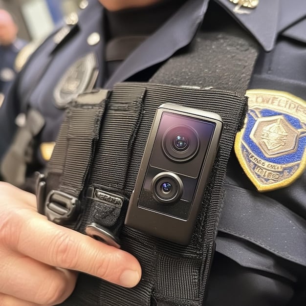 A close-up shot of a body camera attached to a police officer's uniform. The image should highlight the device's features and its placement on the officer, conveying the sense of constant recording and surveillance. The background should be blurred to keep the focus on the camera.