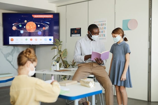 A classroom scene showing diverse students actively participating in a lesson with a modern teaching setup.