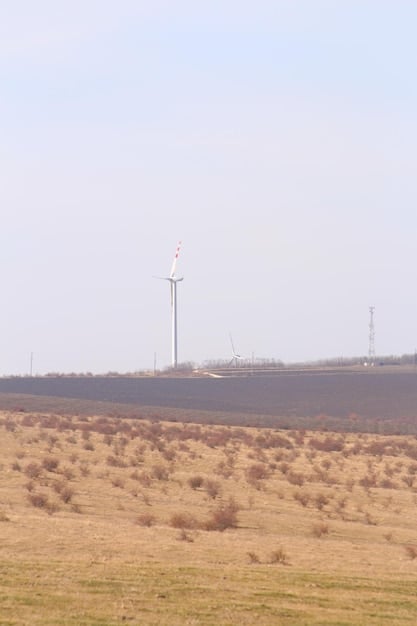 A wind farm in the American Midwest, with rows of modern turbines against a clear blue sky. The image represents the growth of renewable energy in the US and the potential for a sustainable energy future.