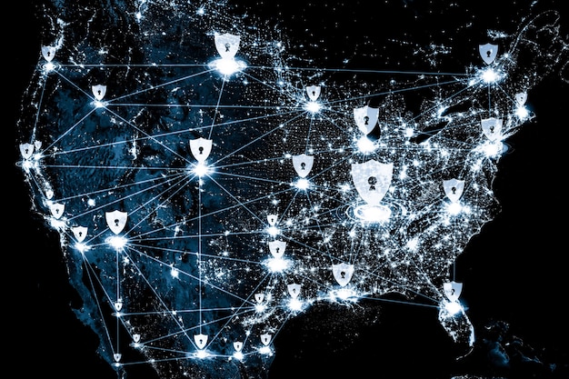 A network of interconnected nodes representing critical infrastructure systems, with a shield icon overlayed to symbolize protection against cyber threats.