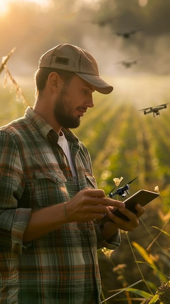 A farmer using a tablet to monitor crop health data in real-time, with a drone visible in the background. The image illustrates the integration of technology in modern US agriculture, highlighting the use of data-driven insights to optimize farming practices.