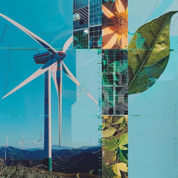 A collage of images representing green technologies and sustainable practices, such as solar panels, wind turbines, electric vehicles, and reforestation efforts.