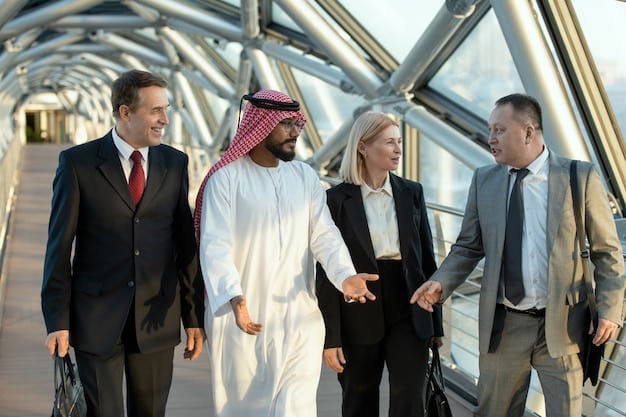 A photo depicting a meeting between US diplomats and Middle Eastern leaders in a formal setting, symbolizing diplomatic efforts to build alliances and foster stability in the region.