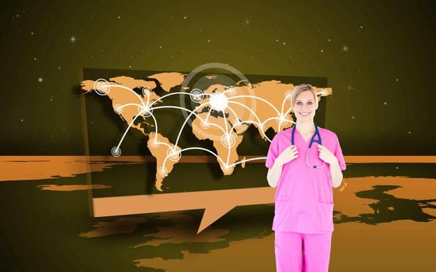 A split image comparing traditional healthcare settings with futuristic telemedicine setups, connected by a network symbolizing the integration of global health policies.