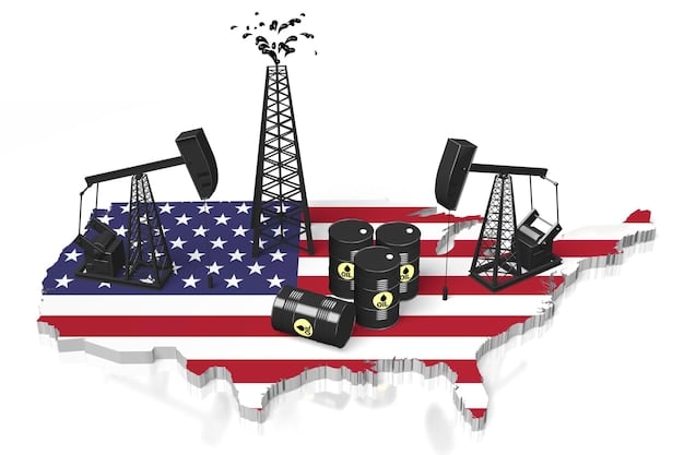 A map of the United States highlighting major energy infrastructure, including oil pipelines, natural gas processing plants, and renewable energy farms, with arrows indicating the flow of energy resources across the country.