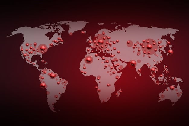 A world map highlighting several regions in red, indicating areas of geopolitical instability and conflict. These include Eastern Europe, the Middle East, and parts of Africa. The map also shows lines of influence and potential escalation points.