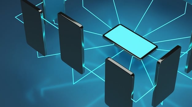 A digital illustration showcasing a network of interconnected smartphones, each displaying different news headlines, some labeled as 
