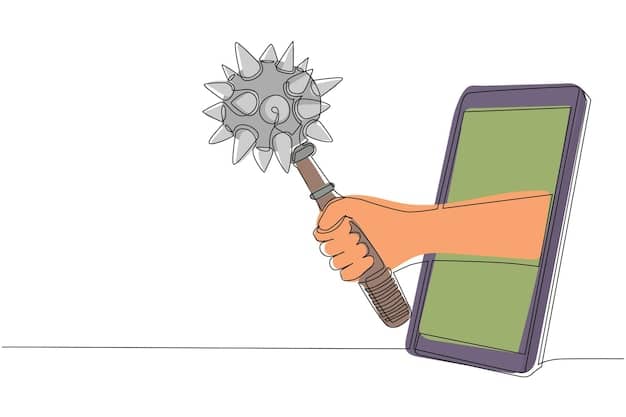 A graphic depicting a gavel striking down on a smartphone screen displaying a deepfake image, symbolizing legal and regulatory actions against AI-generated disinformation.