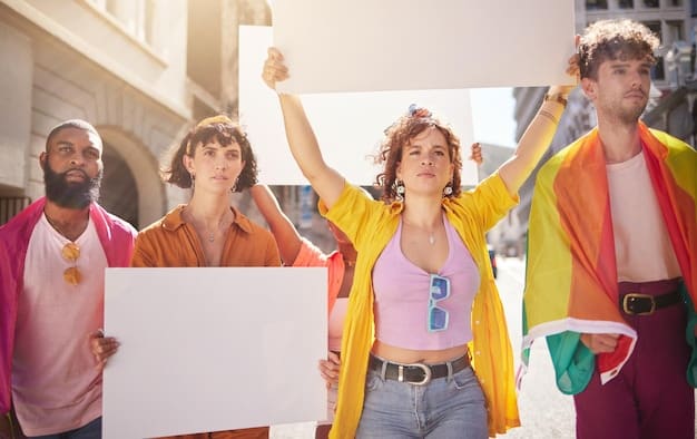 A split-screen image showing a group of young people protesting for social justice on one side and a group of older individuals attending a conservative rally on the other, visually representing the generational divide in political views.