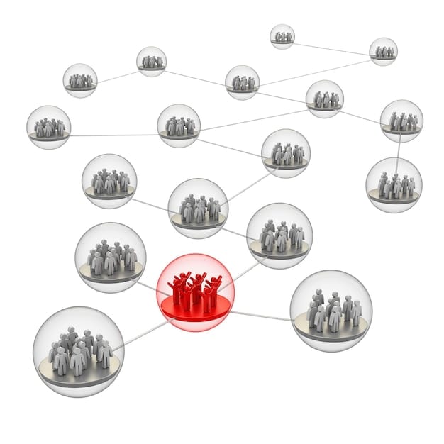 A graphic visualizing the concept of echo chambers and filter bubbles, showing how different groups of users are isolated in their own information environments.