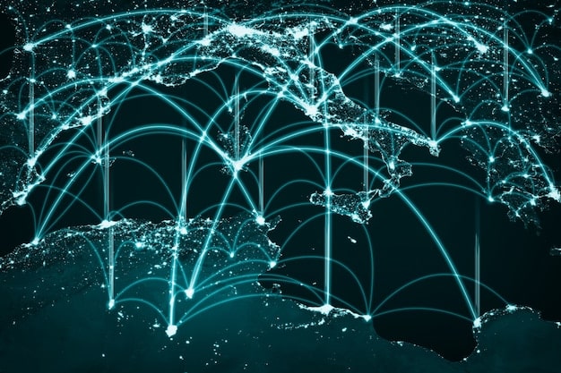 A digital illustration depicting a web of interconnected nodes representing global networks, with symbols of artificial intelligence, cybersecurity, and biotechnology floating within the network.