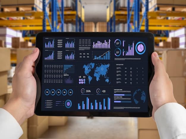 A digital dashboard displaying real-time supply chain data, including tracking of shipments, inventory levels, and potential disruptions. The dashboard features graphs, charts, and alerts, providing a comprehensive overview of the supply chain's status.