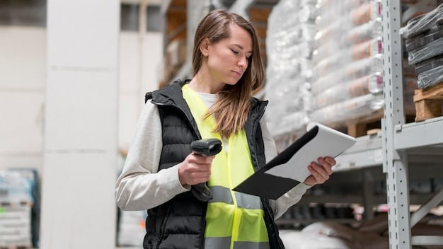 A warehouse worker using a handheld scanner to manage inventory. Shelves are visible in the background, filled with various products and packages. The scene is well-lit and organized, conveying efficiency and accuracy.