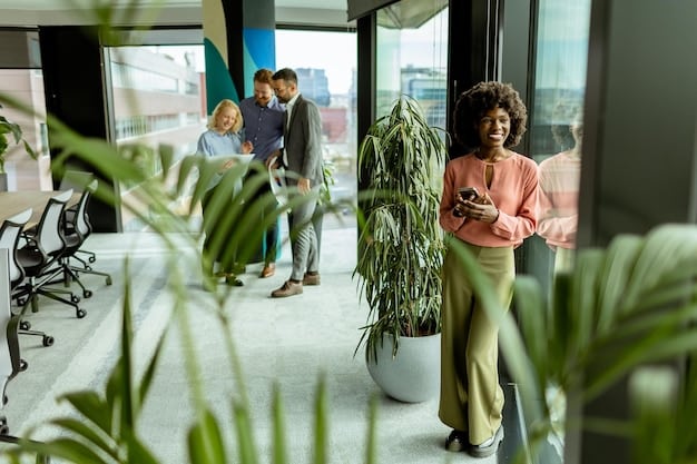 An office space redesigned to promote employee well-being, featuring natural light, plants, ergonomic furniture, and comfortable break areas to foster a positive and healthy work environment.