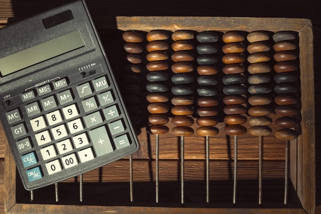 A close-up shot of a calculator displaying a high number, with coins and currency scattered around it. The scene is set on a wooden desk, with a pen and financial documents partially visible. The focus is on the financial calculation and the cost of living being impacted by inflation.