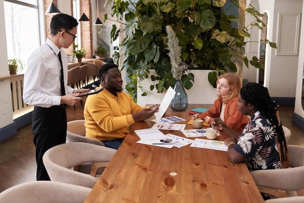 A diverse group of entrepreneurs gathered around a table in a modern co-working space, reviewing financial documents and discussing business strategies. The image represents collaboration, inclusivity, and the diversity of the small business community.