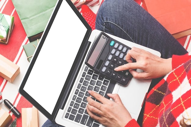 A close-up shot of a hand using a calculator to analyze financial data, with a laptop displaying tax forms and a calendar marking the end of the year in the background.