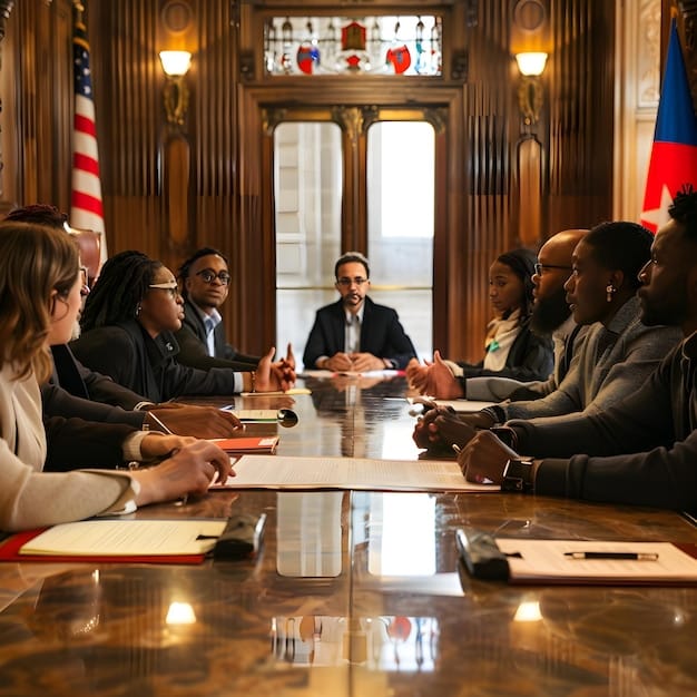 A diverse group of people discussing policy papers around a conference table in Washington D.C., representing legislative debate.
