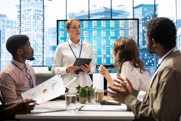 A diverse group of business professionals in a modern office looking at charts and discussing financial data, representing corporate investment decisions.