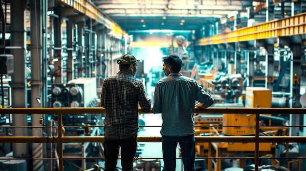Factory floor with some machinery idle, indicating reduced production, and workers looking contemplative, suggesting economic concern.