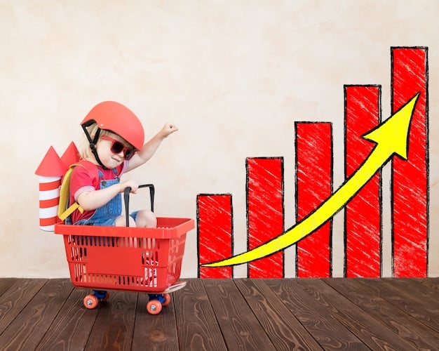 A detailed chart illustrating the projected increase in consumer goods prices, with arrows pointing upwards, superimposed over a blurred background of a bustling shopping mall, symbolizing the direct economic effect on consumers.