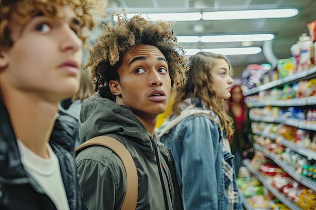 A diverse group of American consumers at a grocery store, examining price tags with thoughtful expressions, symbolizing the direct engagement and decision-making individuals face due to economic shifts.