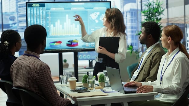 A corporate board meeting scene with diverse executives discussing a presentation that displays graphs and data points related to environmental regulations and sustainable business practices.