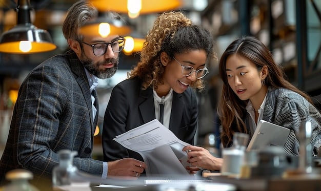 A diverse team of professionals collaborating around a large table, reviewing legal documents, digital reports on tablets, and project timelines, symbolizing integrated compliance strategy development.